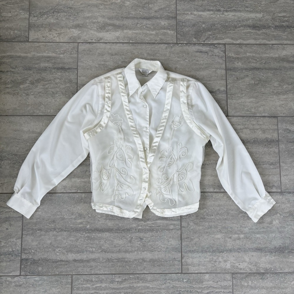 Vintage Sellecca Ivory Button-Up Blouse | Sheer Panels & Floral Embroidery 12‎